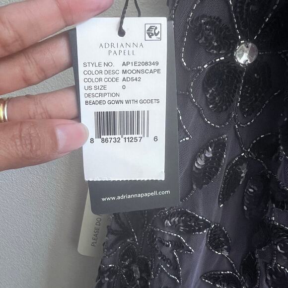 Adrianna Papell Hand Beaded Short Sleeve Floral Godet Gown in Moonscape Dress 0 - Picture 11 of 12